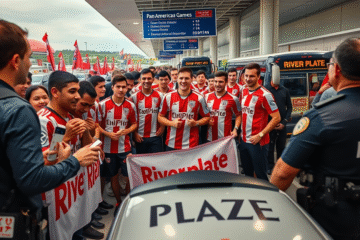 Equipo de River Plate llegando a Paraguay para enfrentar a Libertad en la Copa Libertadores