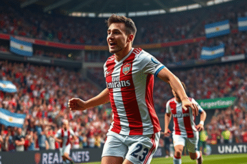 Facundo Colidio celebrando un gol con la camiseta de River Plate, mostrando su influencia en el equipo.