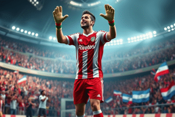 Franco Armani celebrando una atajada en un partido con River Plate