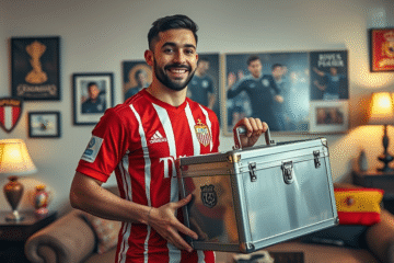 Gonzalo Montiel celebrando su premio MVP con una caja de herramientas en la Copa Argentina.