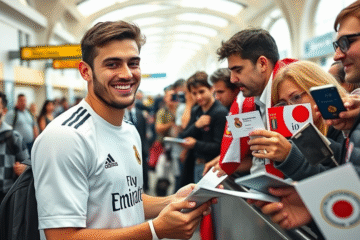 Franco Mastantuono arrives at the airport to join Real Madrid, greeting fans and signing autographs.