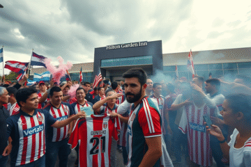 Jugadores de River Plate siendo recibidos por una multitud de hinchas en Santiago del Estero.