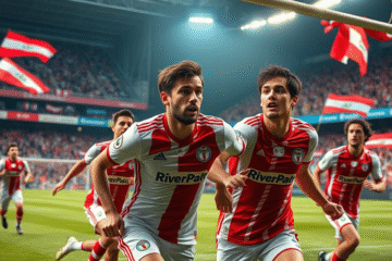 Jugadores de River Plate entrenando en el campo, preparándose para partidos cruciales en agosto