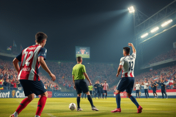 Jugadores de River Plate y Libertad disputando un balón en un partido de la Copa Libertadores