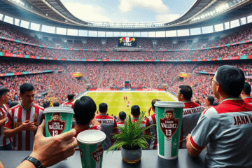 Imagen de una taza de café Juan Valdez con el logo de River Plate en el Estadio Monumental