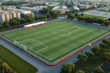 Vista aérea del nuevo complejo deportivo de River Plate cerca del Monumental, con canchas de césped sintético y natural.