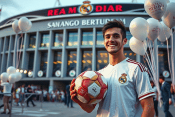 Franco Mastantuono firmando contrato con el Real Madrid, acompañado por Florentino Pérez.