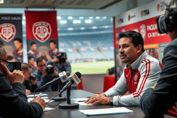 Imagen de Marcelo Gallardo en una rueda de prensa hablando sobre el partido contra Libertad.