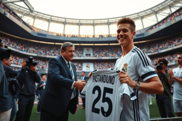 Franco Mastantuono siendo presentado en el Santiago Bernabéu como nuevo jugador del Real Madrid.