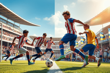 Jugadores juveniles de River Plate y Boca Juniors compitiendo en un partido de fútbol.