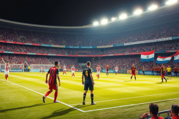 Jugadores de River Plate y Libertad en partido de la Copa Libertadores