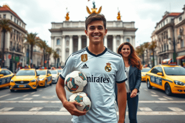 Franco Mastantuono en Plaza de Cibeles con el Palacio de Cibeles de fondo.