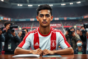 Aníbal Moreno firmando su contrato con River Plate como nuevo refuerzo.