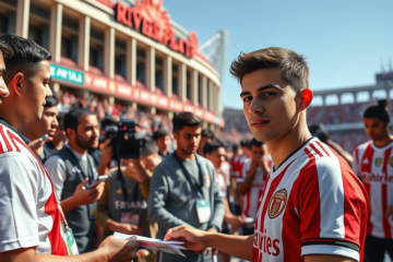 Fausto Vera durante su presentación en River Plate, firmando camisetas y fotografiándose con aficionados.