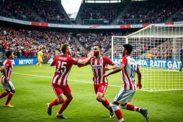 River Plate celebra tras un gol en el partido contra Racing durante los octavos de final del Torneo Clausura 2025.