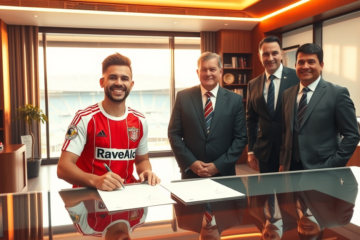Aníbal Moreno firmando su contrato con River Plate en el Monumental, acompañado por el presidente y el gerente de fútbol del club.