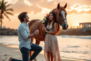 Facundo Colidio y Clara Muzzio celebrando su compromiso matrimonial en una velada especial, con el caballo Voyage presente.