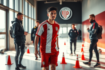 Fausto Vera firmando su contrato como nuevo refuerzo de River Plate tras su revisión médica.
