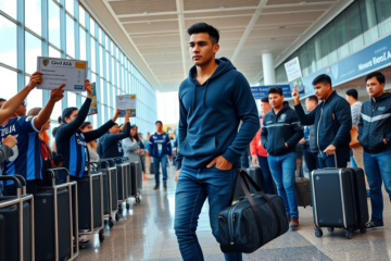 Miguel Ángel Borja llegando al aeropuerto para unirse a Cruz Azul tras dejar River Plate.