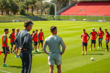 Marcelo Gallardo dirigiendo a River Plate durante la pretemporada 2026 con sus jugadores en el Camp de Ezeiza.