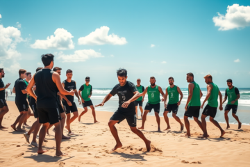 Agustín Ruberto destaca en el partido de fútbol playa durante el entrenamiento de River Plate en Punta del Este.