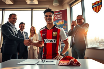 Echeverri celebrando un gol mientras espera su debut en Girona.