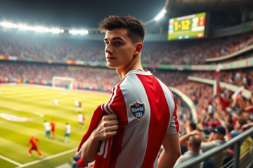 Valentín Carboni durante su visita al Estadio Monumental, posando con la camiseta de River Plate.